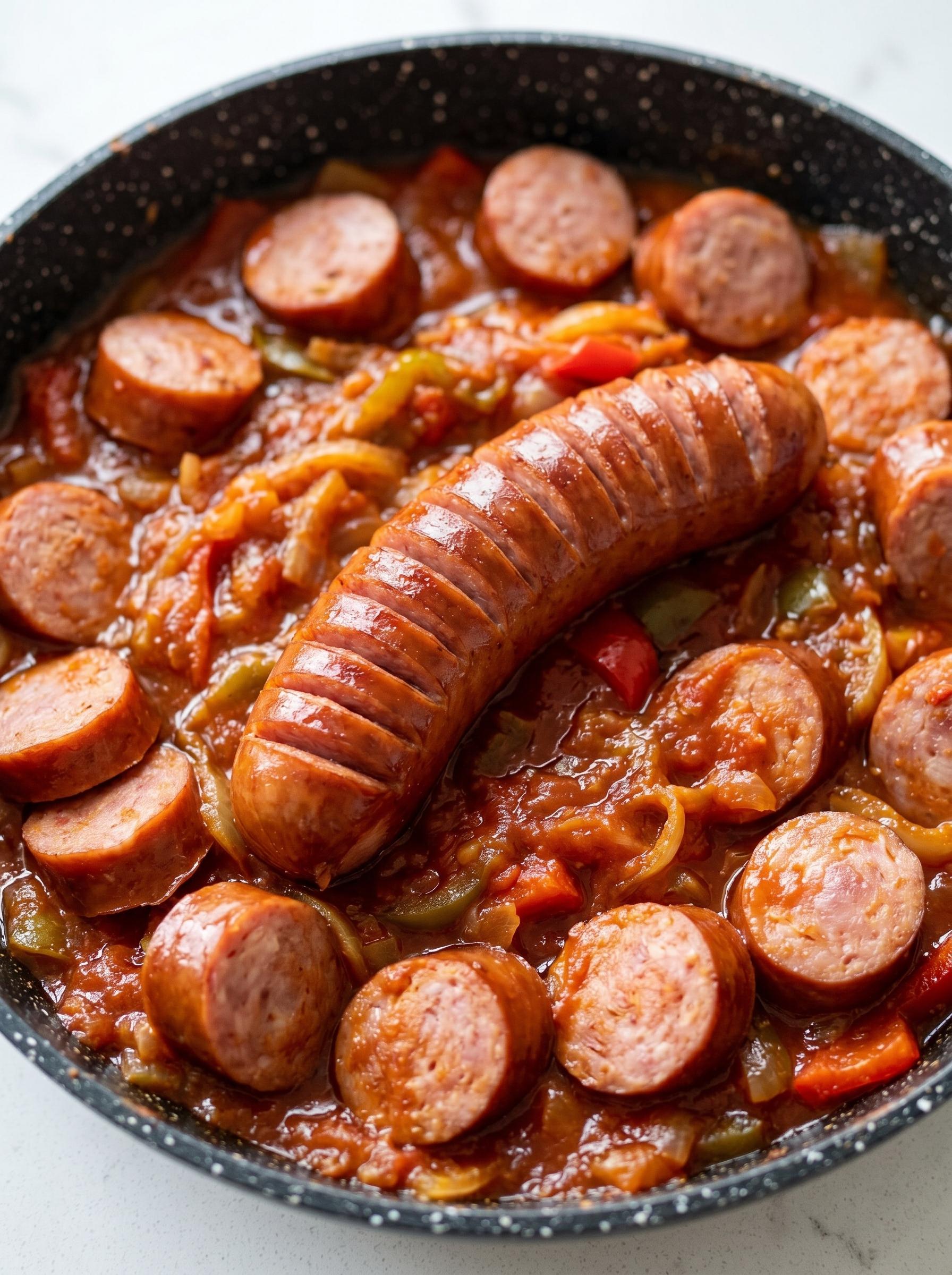 A bowl of sausage with peppers and onions.