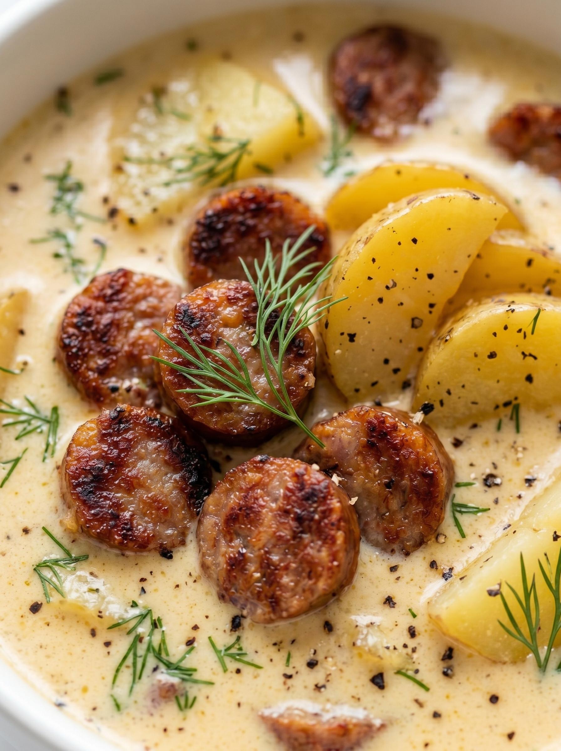 A bowl of soup with sausage and potatoes.