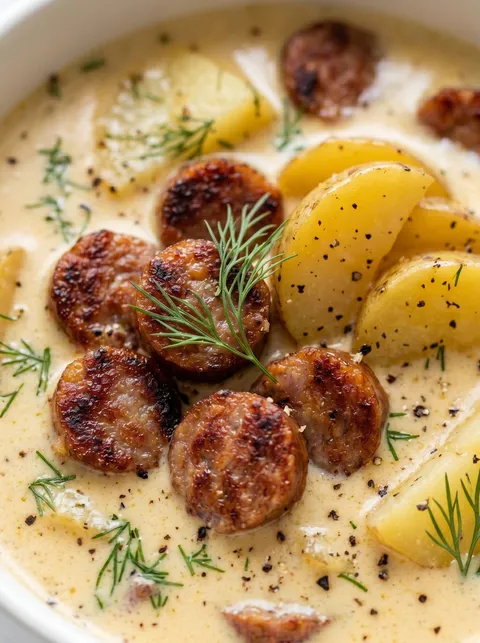 A bowl of soup with sausage and potatoes.