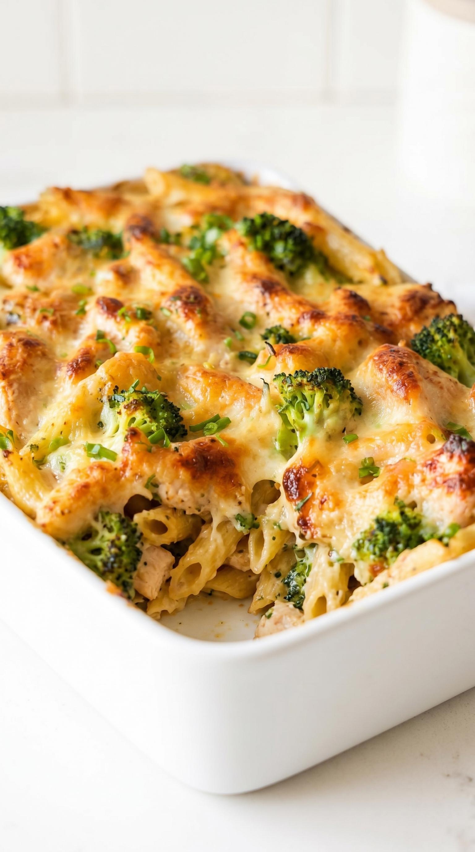 A dish of pasta with broccoli and chicken.
