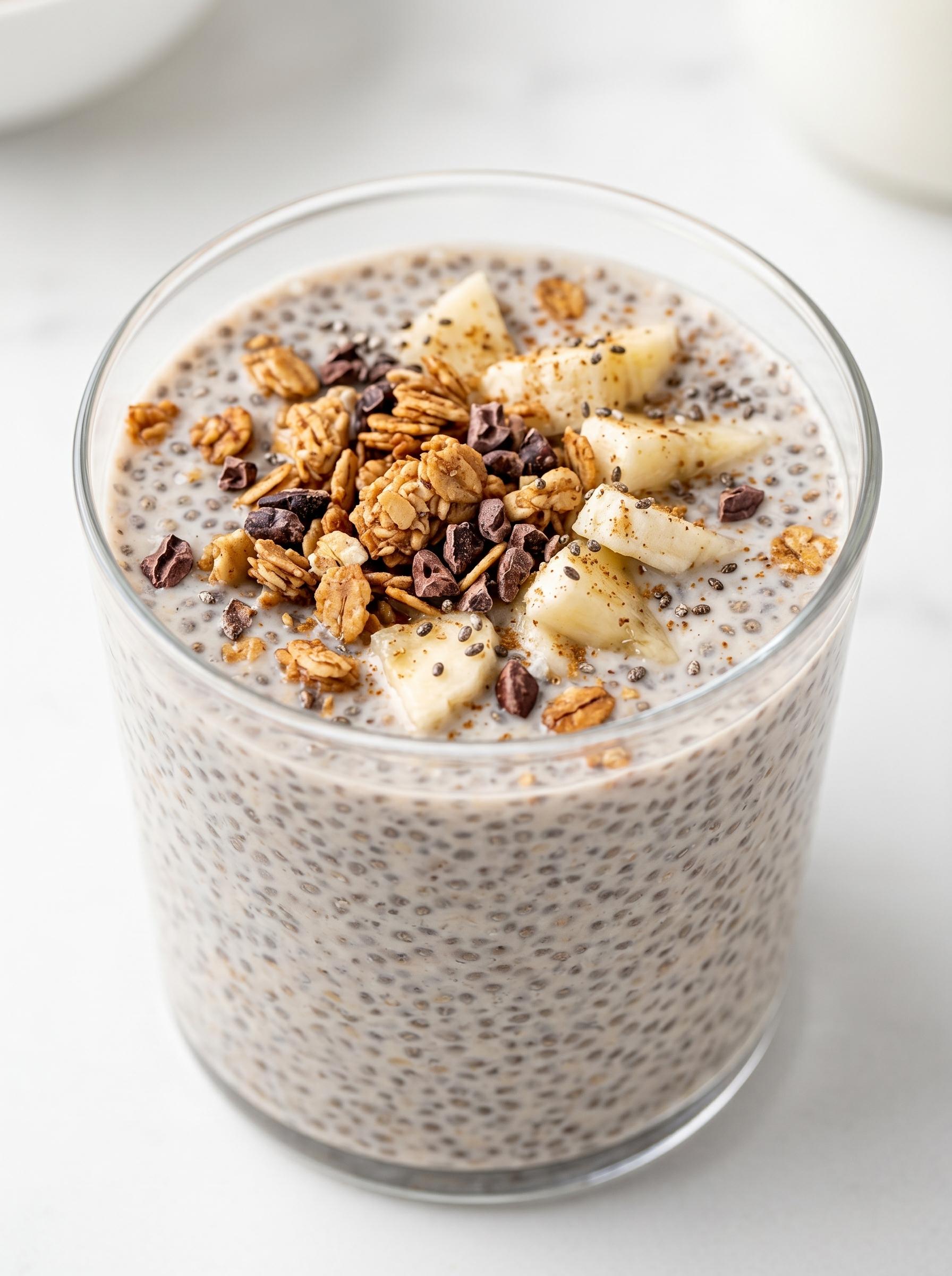 A glass of yogurt with granola and banana slices.