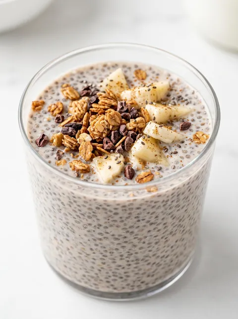 A glass of yogurt with granola and banana slices.