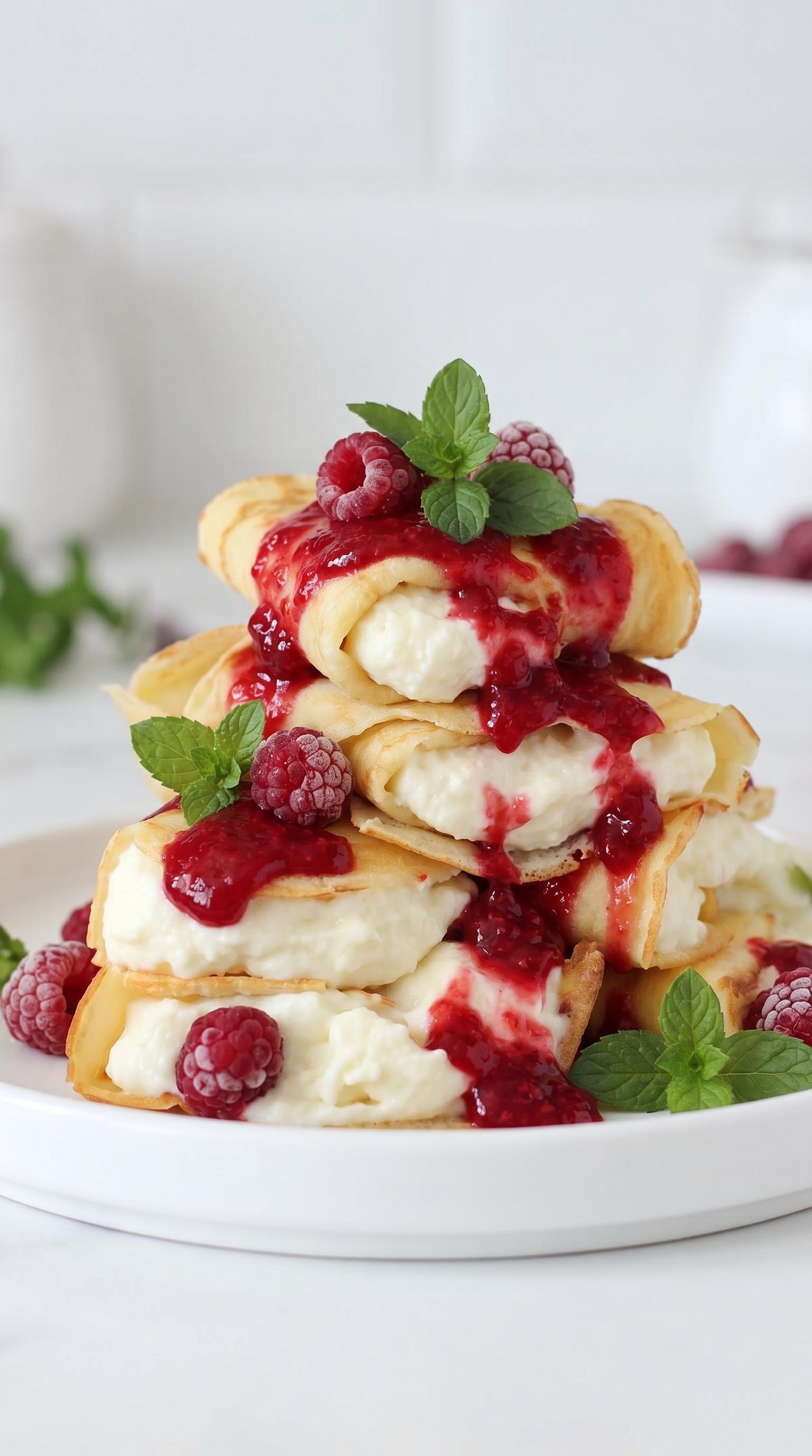 A stack of cream filled pastries with raspberries on top.