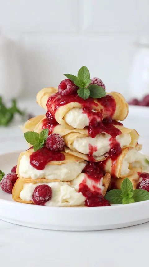 A stack of cream filled pastries with raspberries on top.