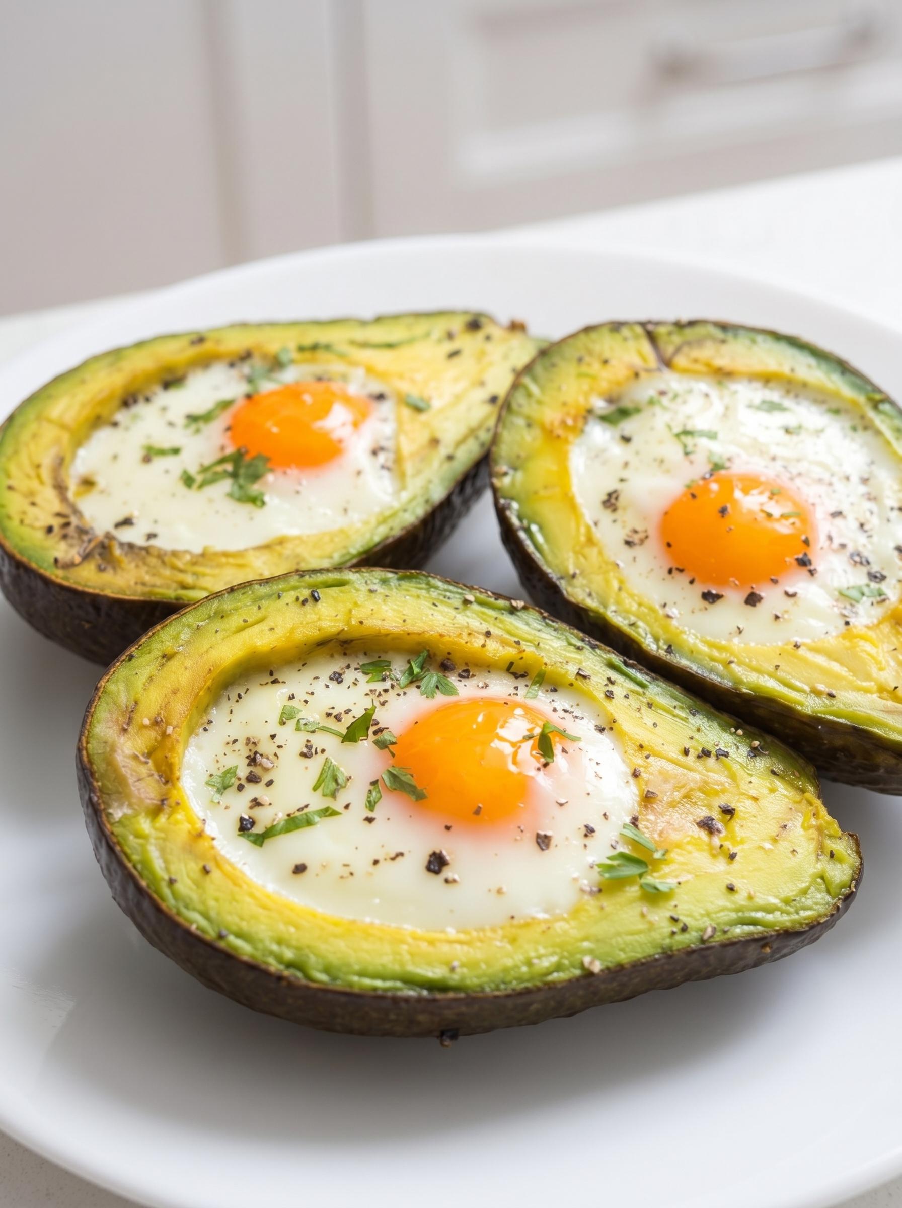 Two avocados with eggs in them.