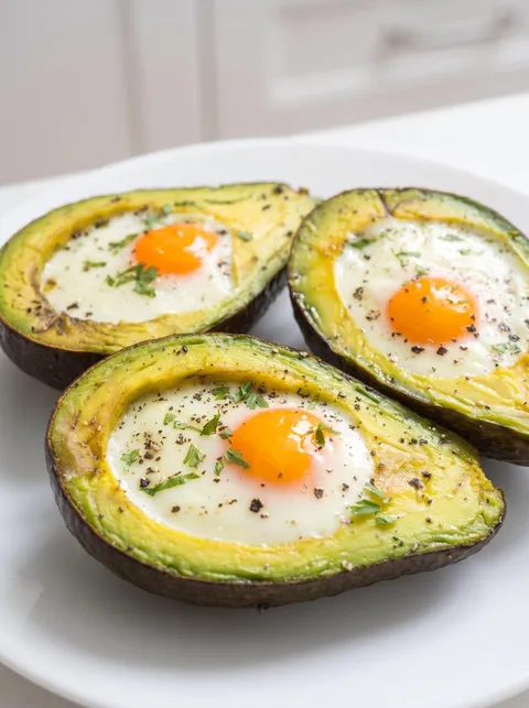 Two avocados with eggs in them.