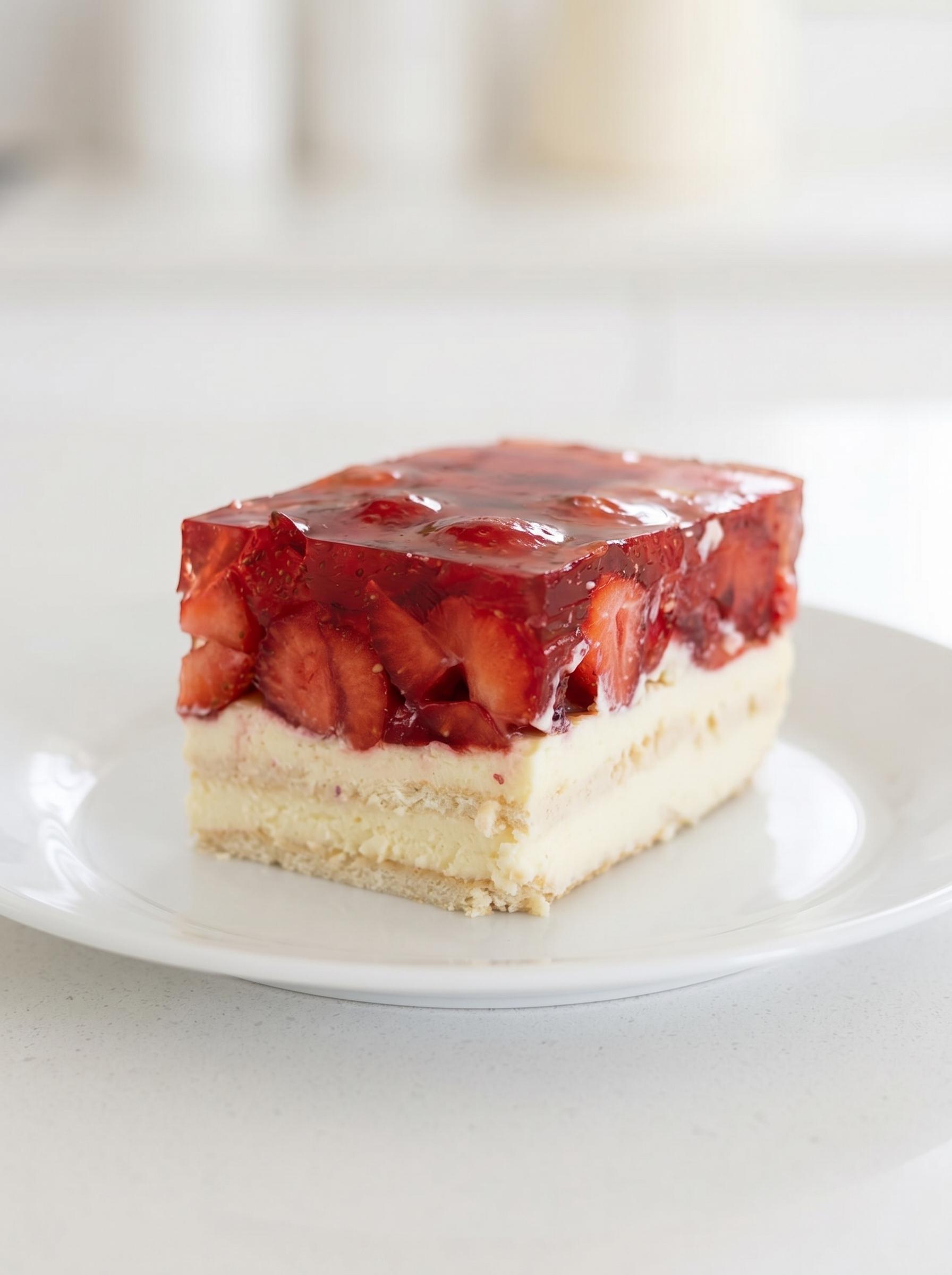 A slice of strawberry cheesecake on a white plate.