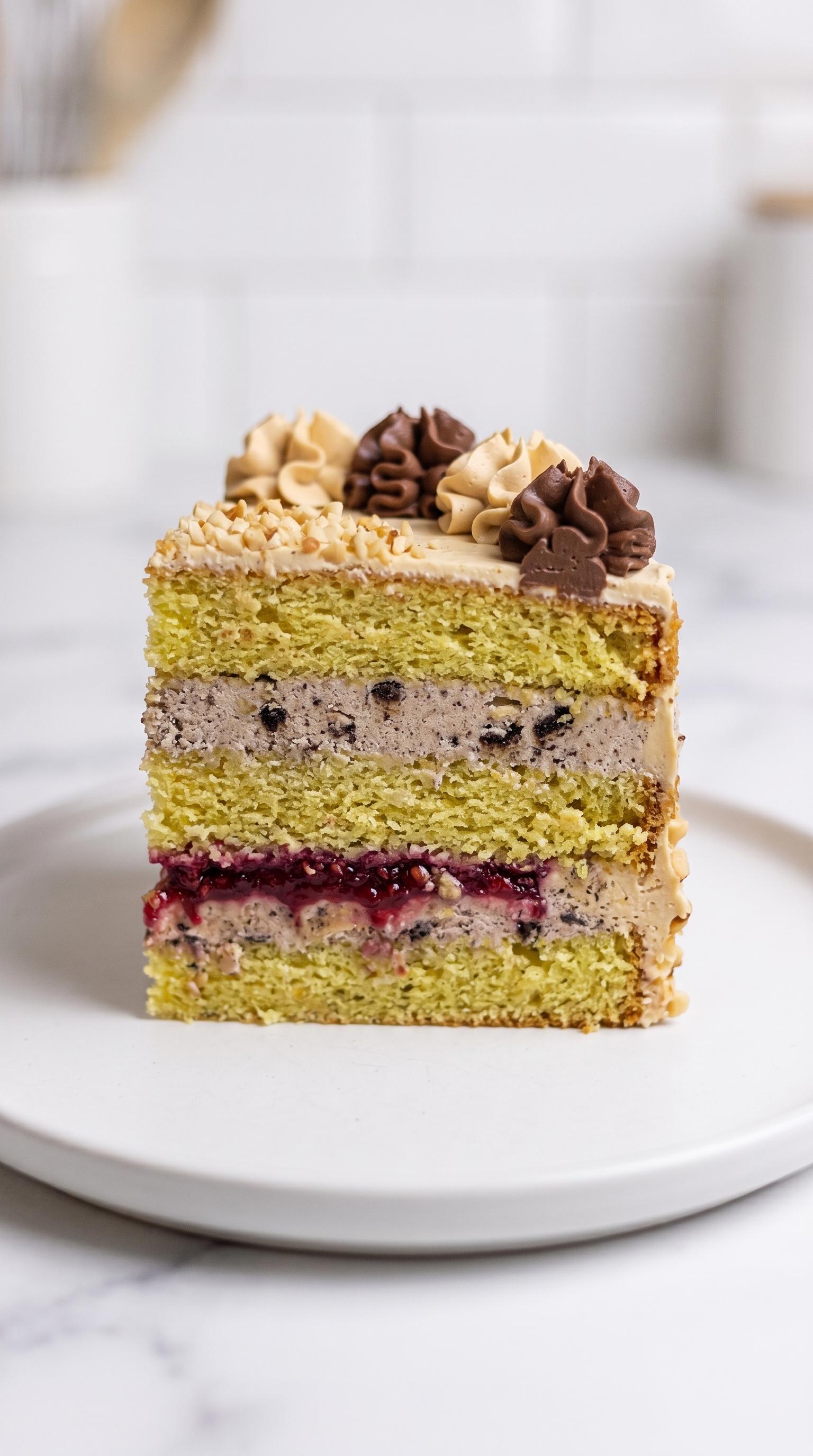 A slice of cake with white frosting and chocolate drizzle.