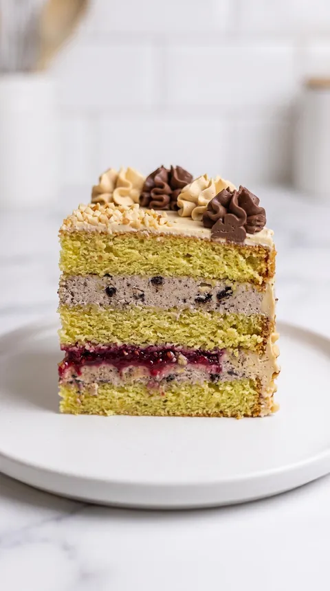 A slice of cake with white frosting and chocolate drizzle.