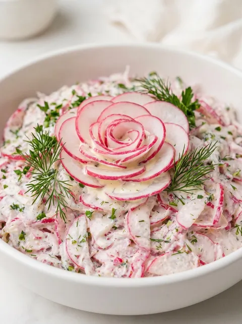 A bowl of food with a red onion on top.
