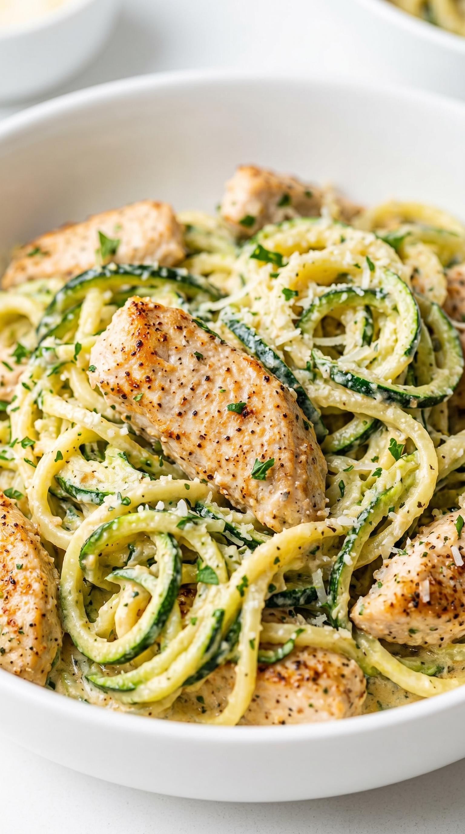 A plate of pasta with chicken and zucchini.