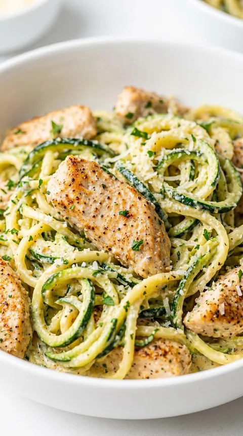 A plate of pasta with chicken and zucchini.