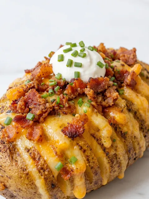 A dish of bacon wrapped potatoes with a dollop of sour cream on top.