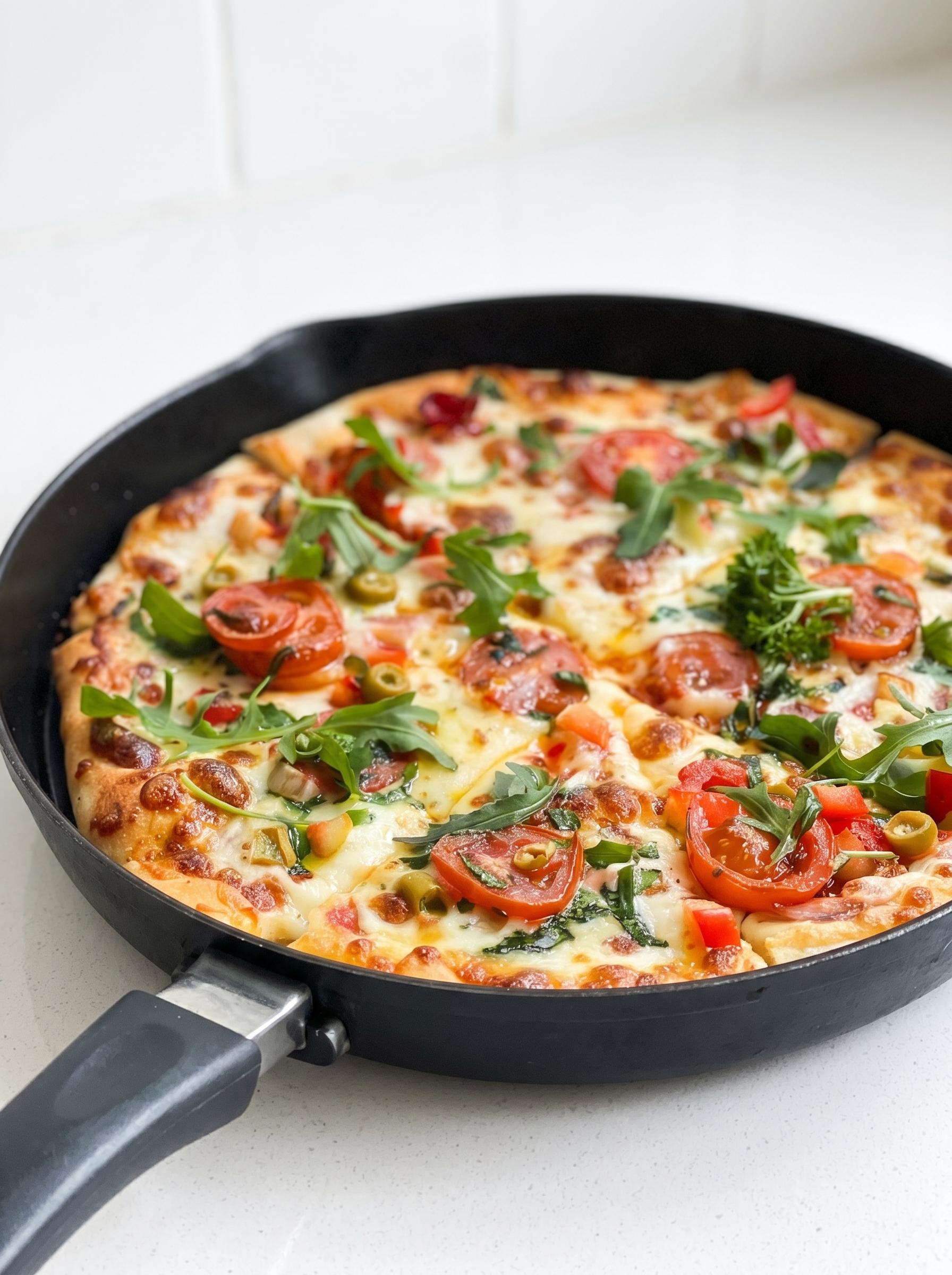 A pizza with tomatoes and spinach on top.