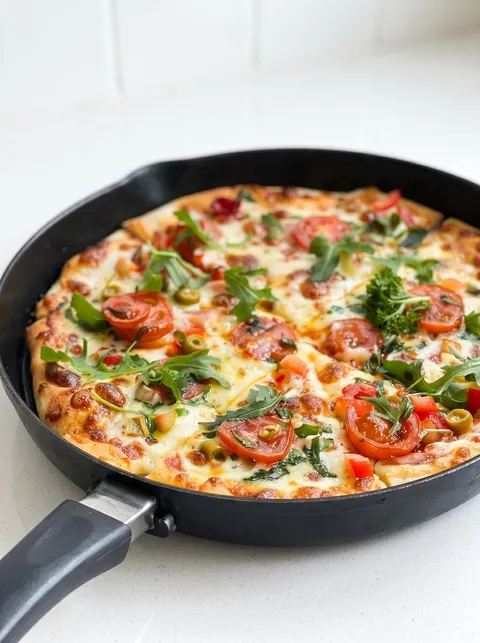 A pizza with tomatoes and spinach on top.