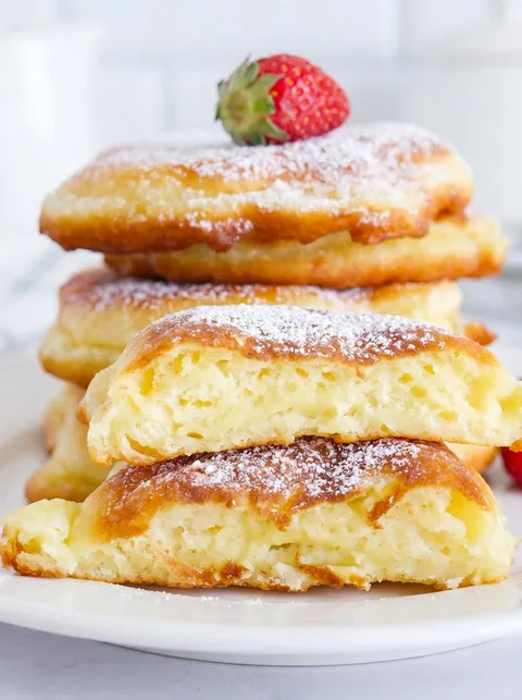 A stack of three pastries with powdered sugar on top.