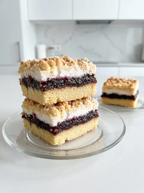 A stack of cake with berries on top.