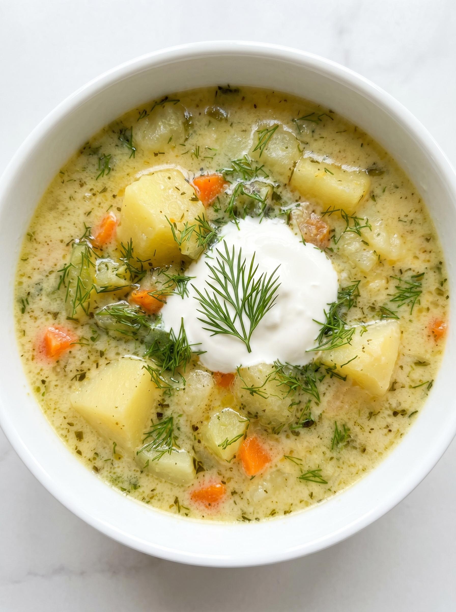 A bowl of soup with a dollop of sour cream on top.