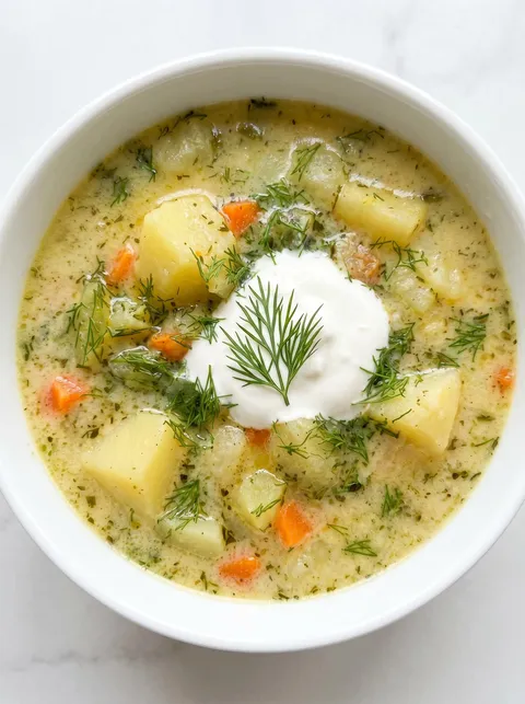 A bowl of soup with a dollop of sour cream on top.