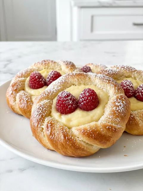 A plate of pastries with raspberries on top.