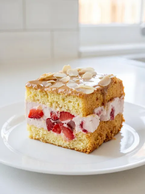 A slice of cake with strawberries on top.