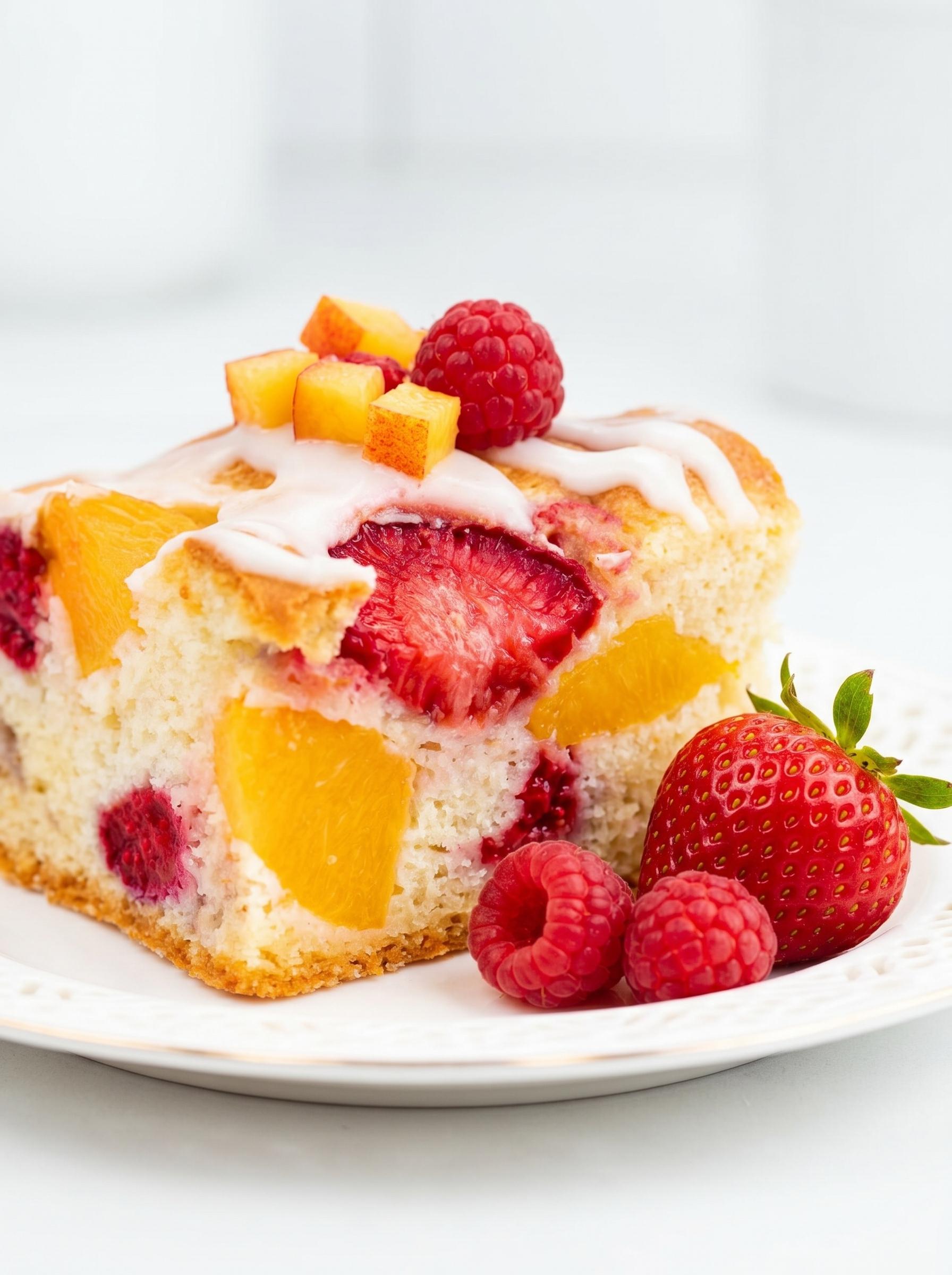 A slice of cake with strawberries and orange slices on top.