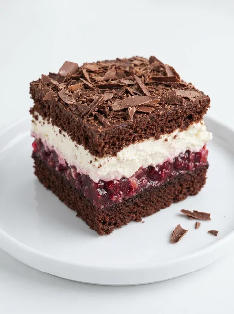 A square chocolate cake with white cream and red berries.