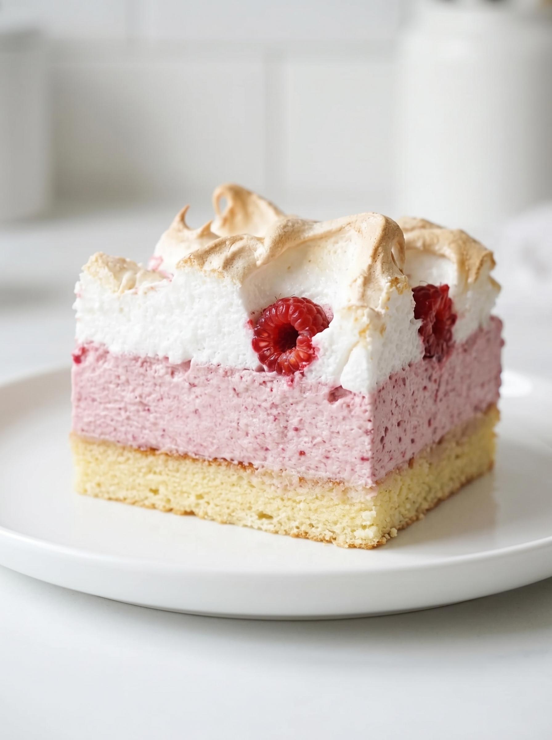 A slice of cake with white frosting and raspberries.