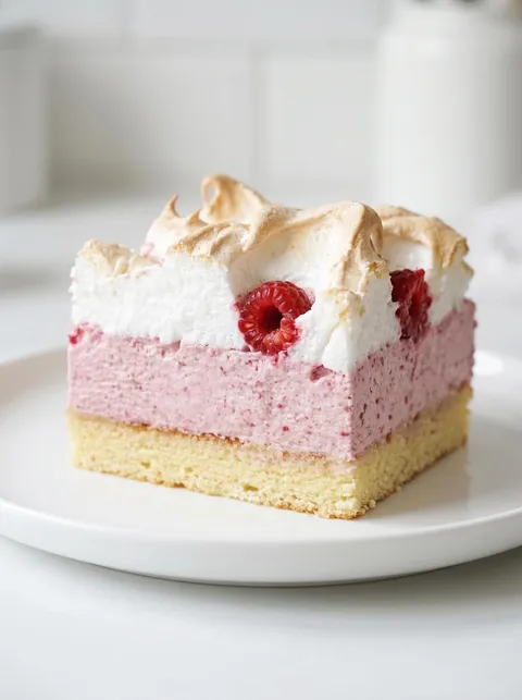 A slice of cake with white frosting and raspberries.