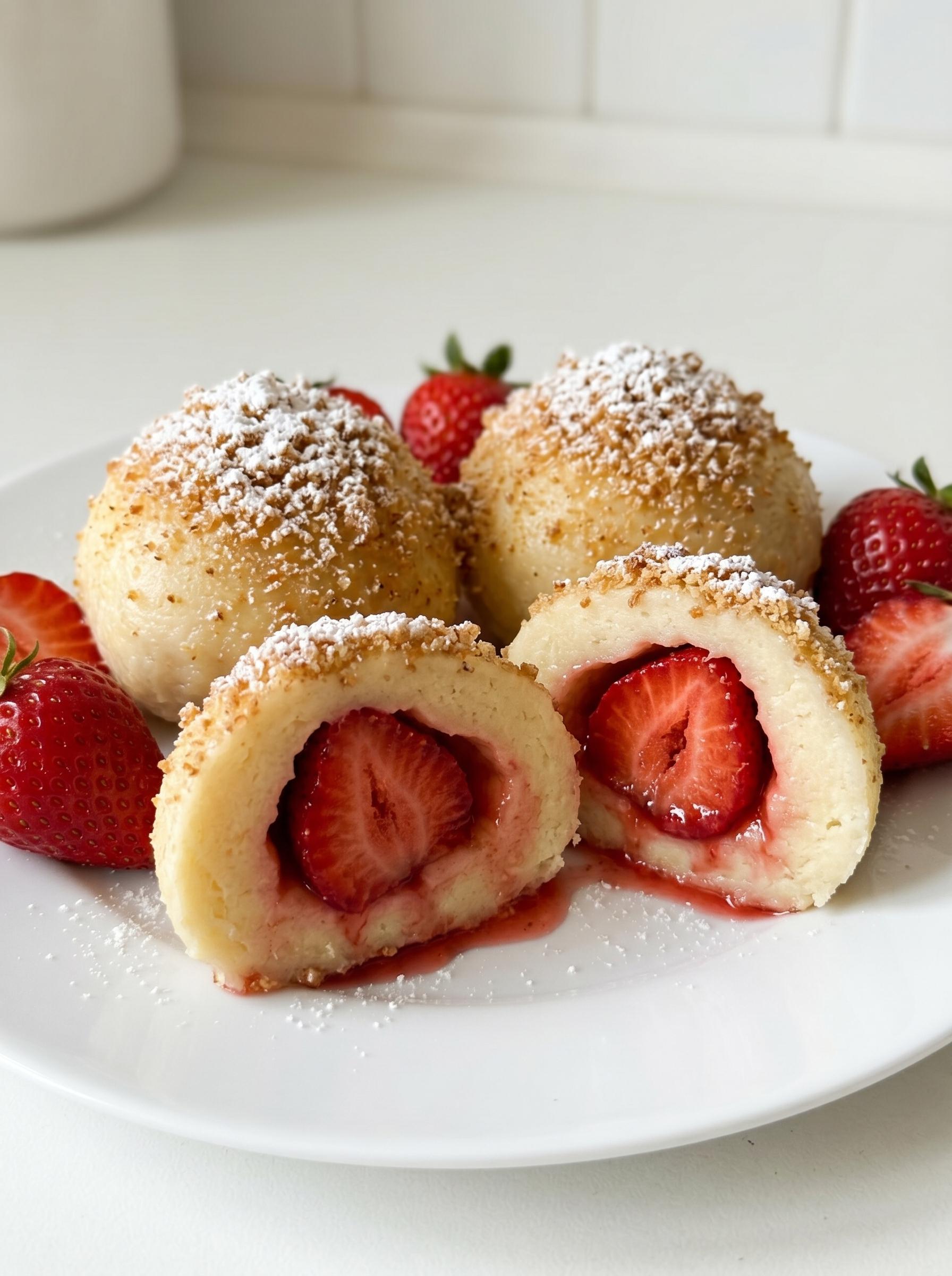 A plate of food with strawberries and powdered sugar.