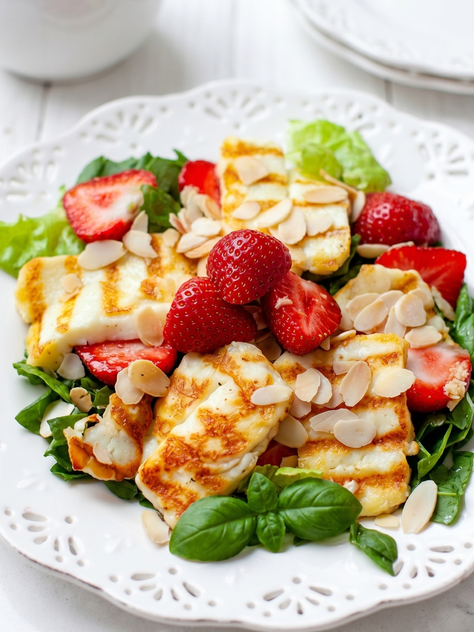 A plate of food with strawberries, spinach, and halloumi.