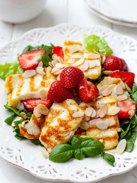 A plate of food with strawberries, spinach, and halloumi.