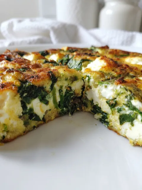 A slice of frittata with spinach and feta cheese.