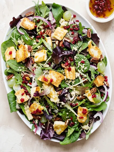 A salad with tofu, spinach, and other vegetables.