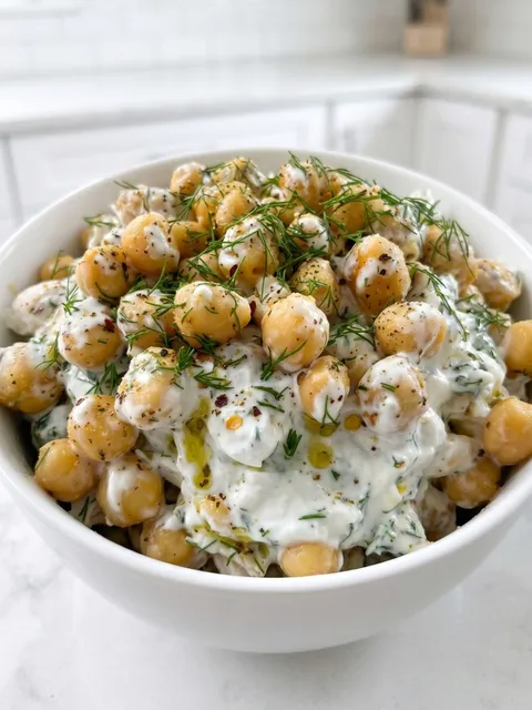 A bowl of chickpea salad with tzatziki dressing.