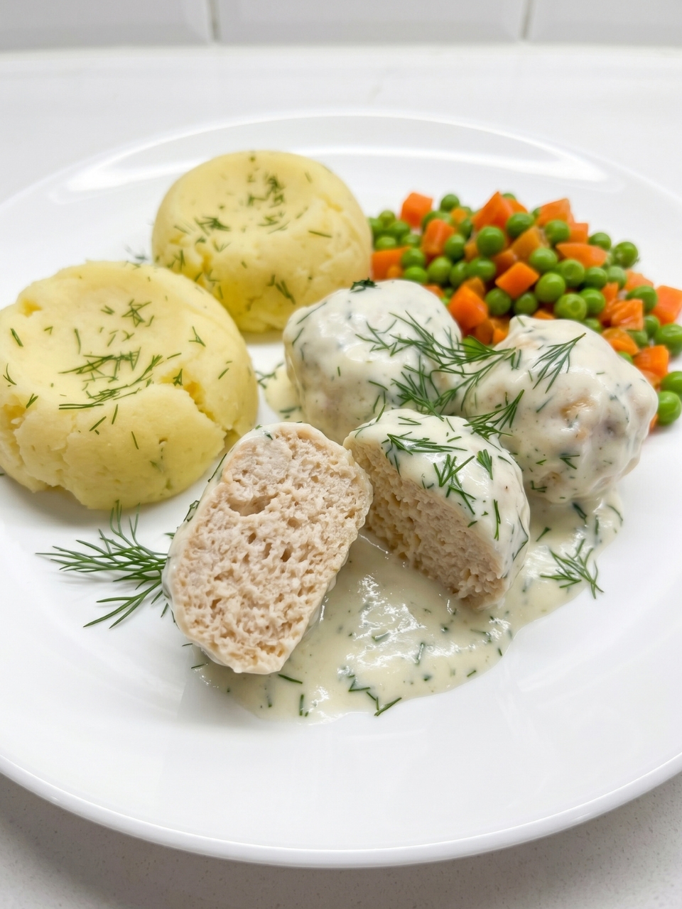 A plate of food with a bread roll and a meatball.