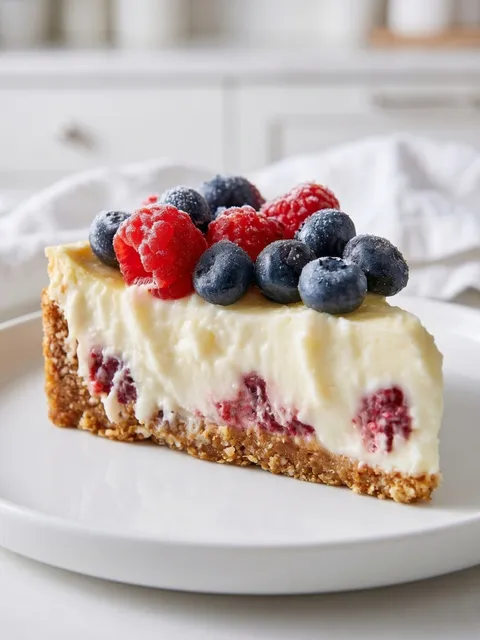 A slice of cheesecake with blueberries on top.