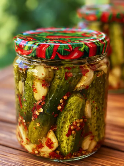 A jar of pickled peppers with chili and garlic.