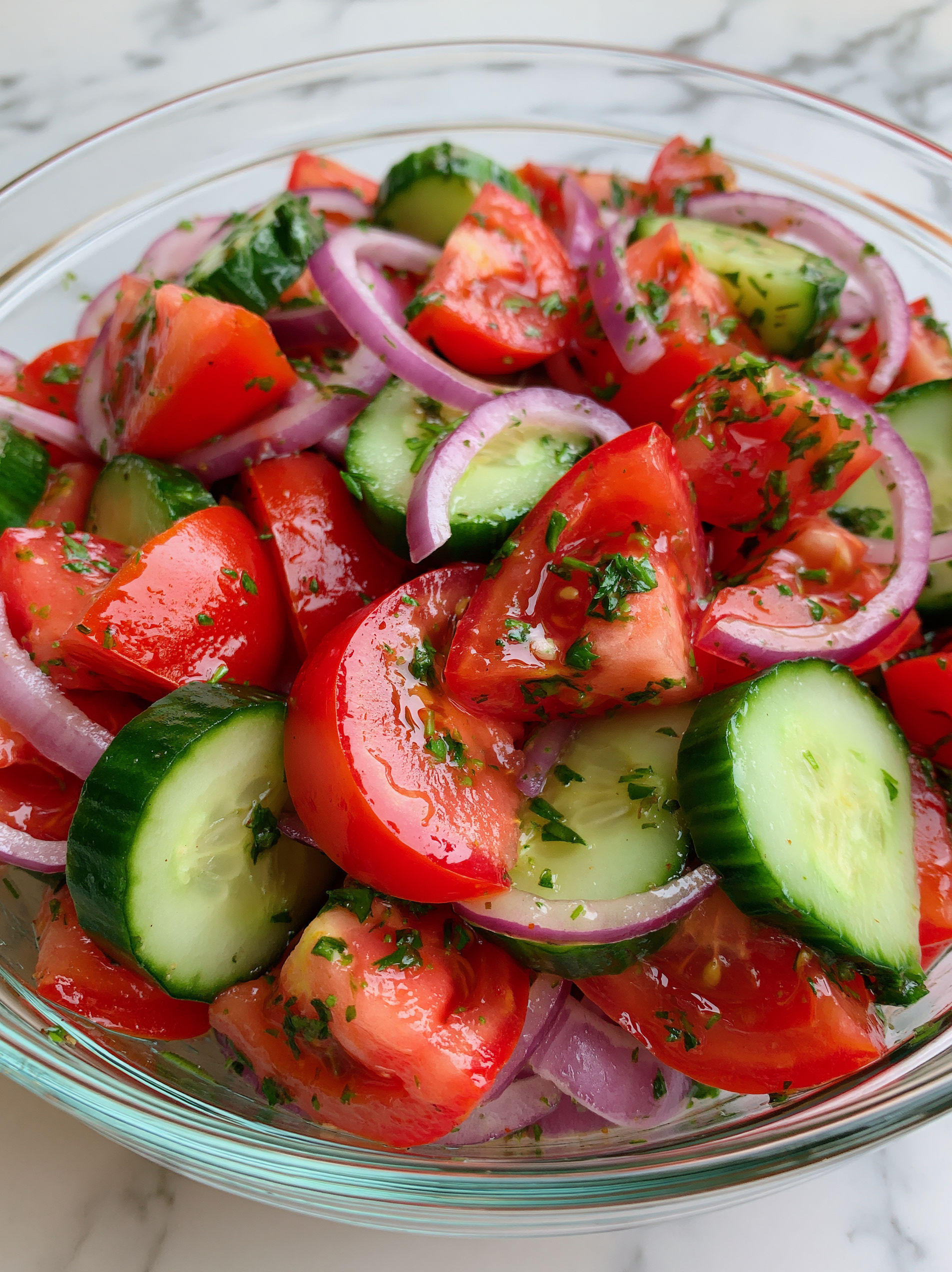 A bowl of salad with tomatoes, onions, cucumbers, and parsley.
