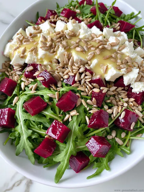 A bowl of salad with red beets and walnuts.