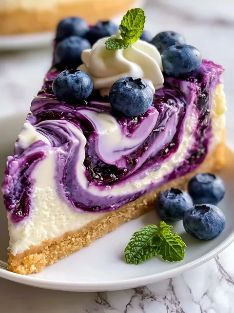 A slice of cheesecake with blueberries on top.