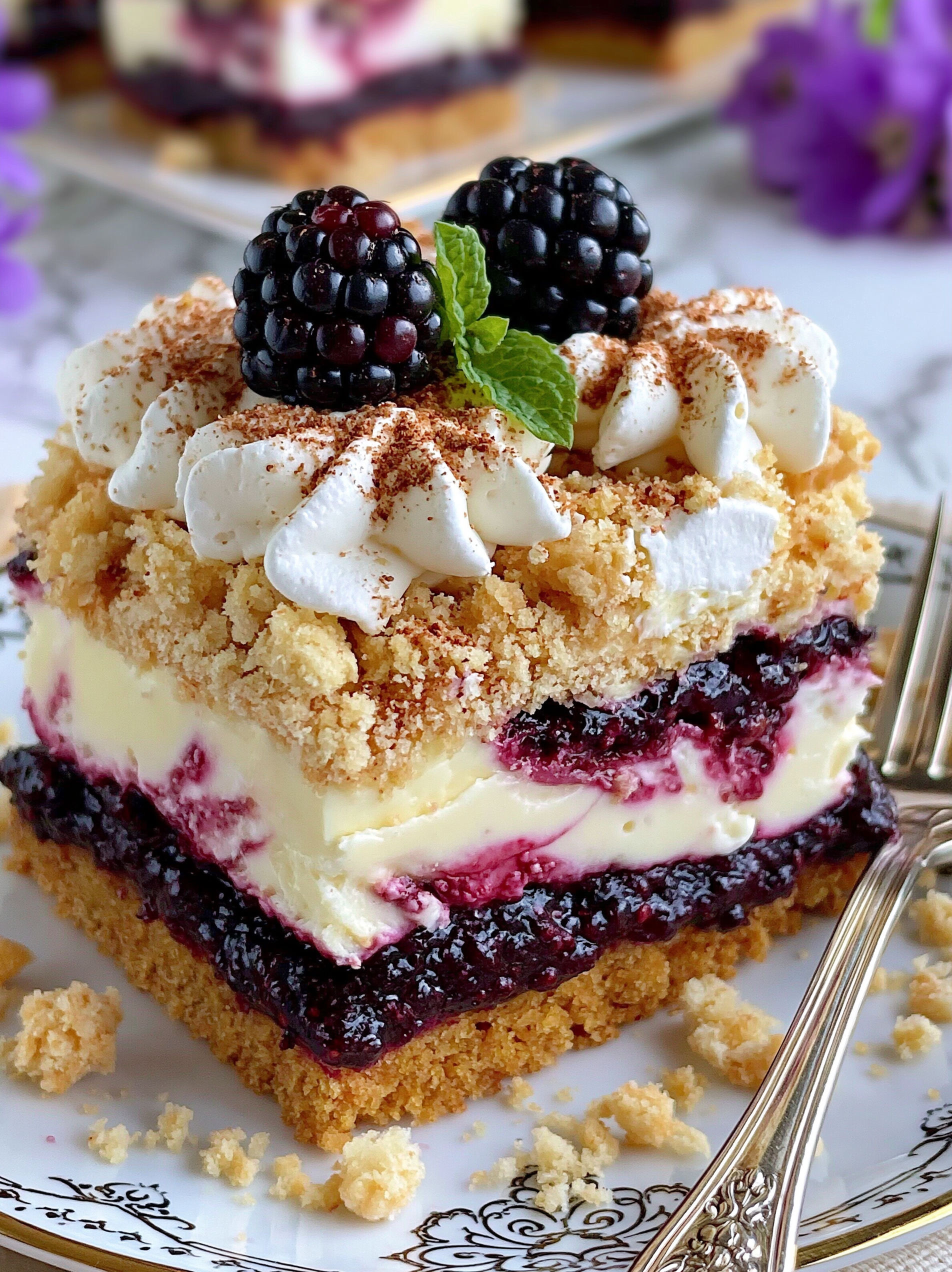 A slice of cake with berries on top.