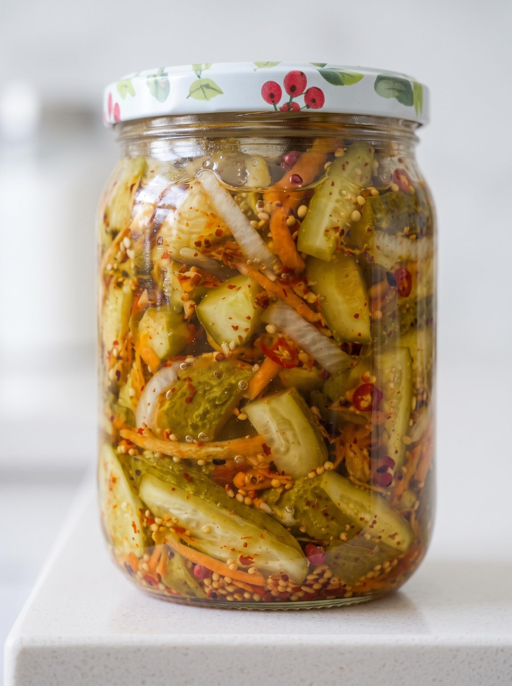 A jar of pickles with a white label.