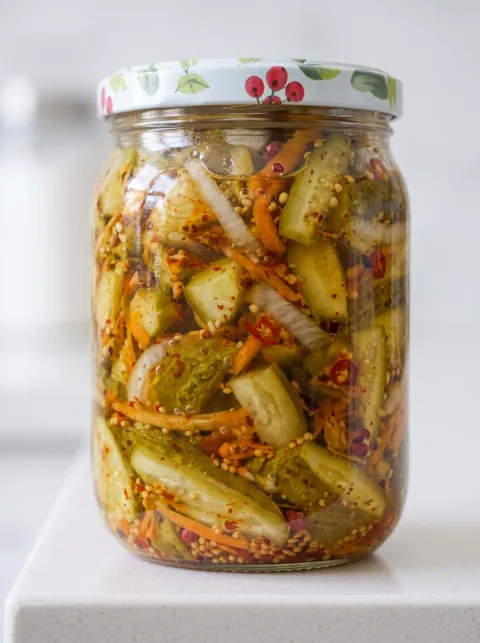 A jar of pickles with a white label.