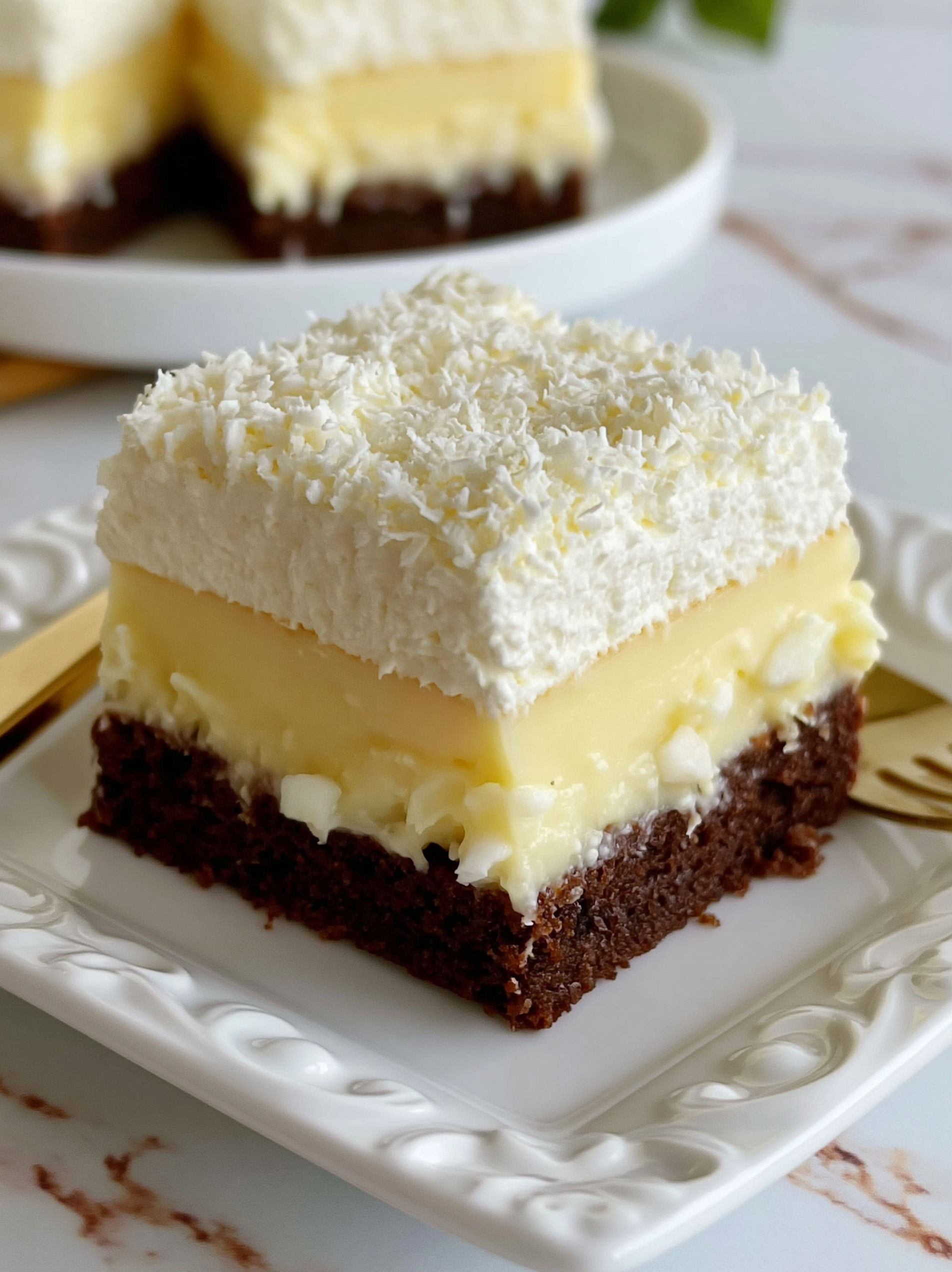 A piece of cake with white frosting and coconut on top.