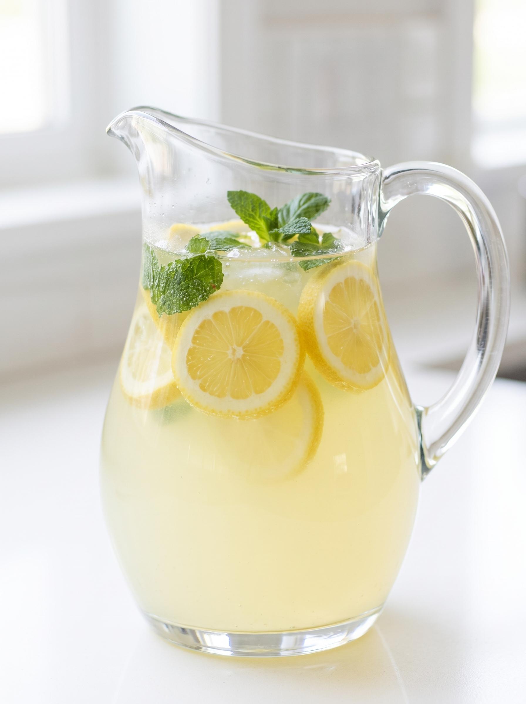 A pitcher of lemonade with lemon slices in it.