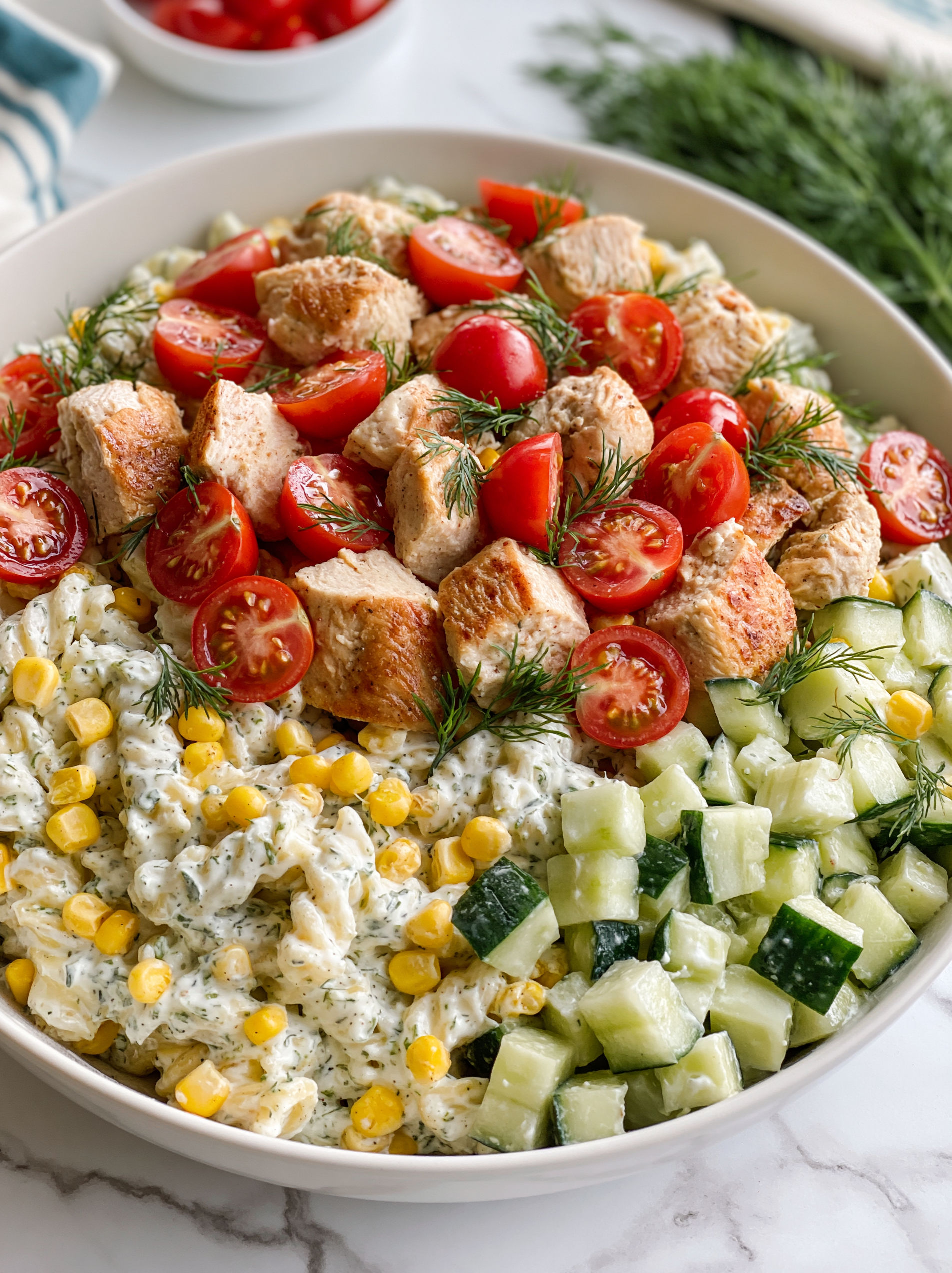 A bowl of food with chicken, tomatoes, corn, and cucumbers.