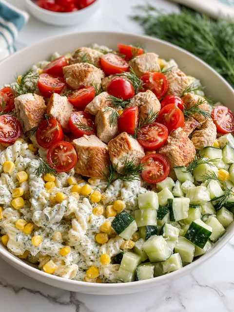 A bowl of food with chicken, tomatoes, corn, and cucumbers.