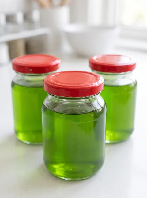 Three jars of green liquid on a counter.