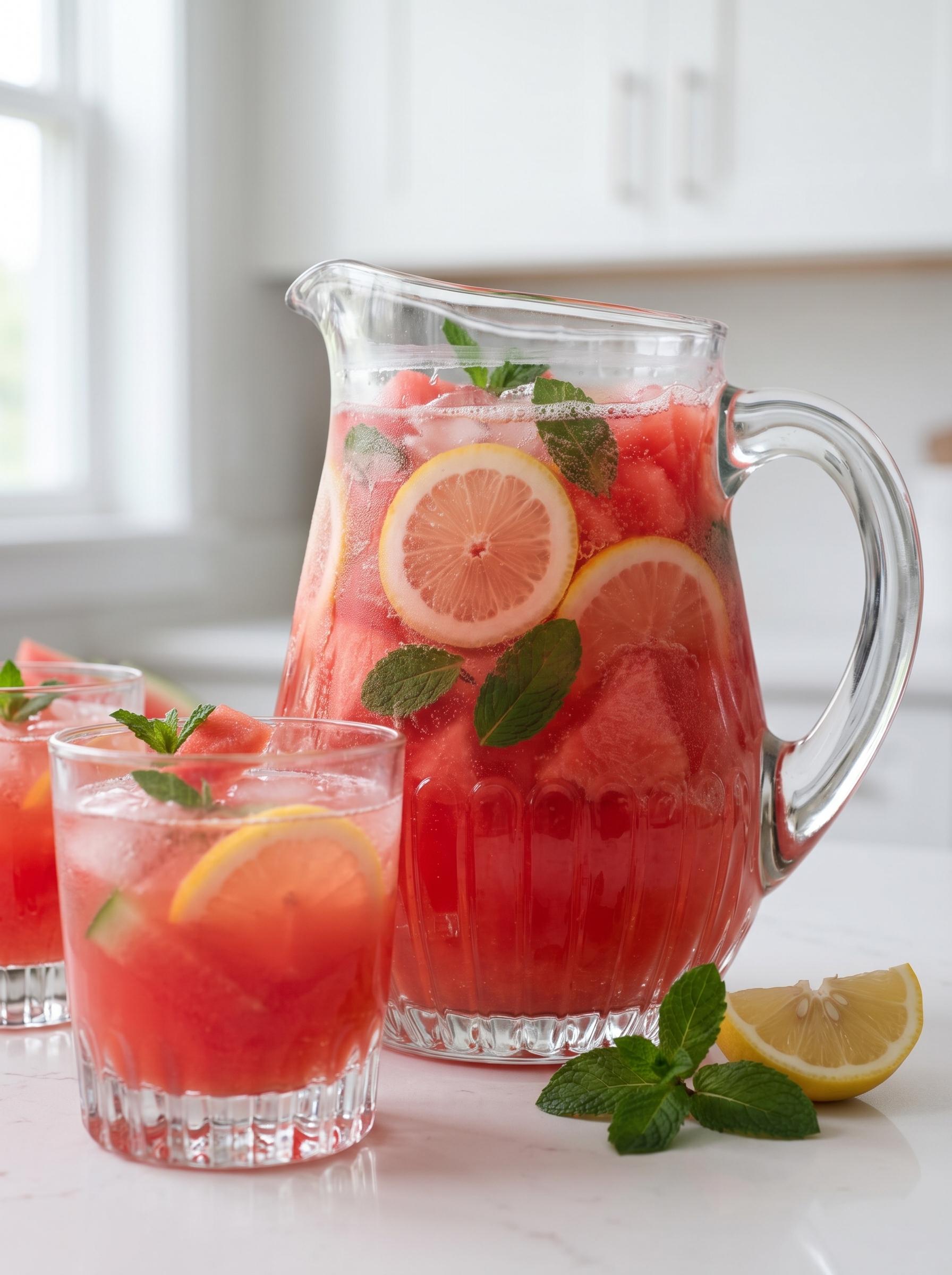 A pitcher of lemonade with sliced lemons and mint.